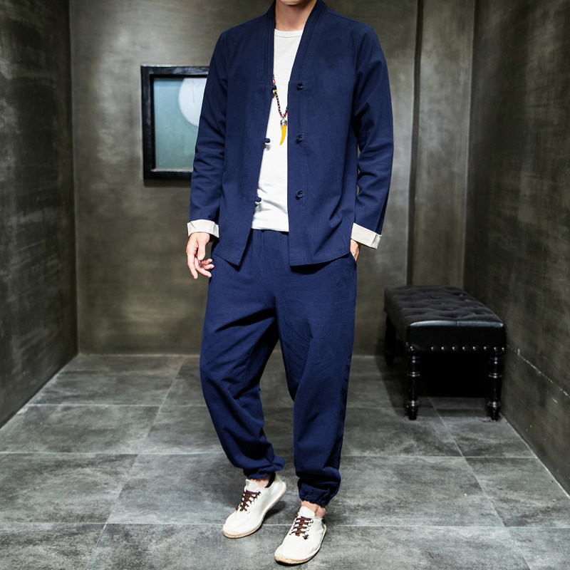 新中式风男装盘扣外套秋居士服茶服汉服唐装套装男A821P110,男装休闲套装,钱塘788(原4013)