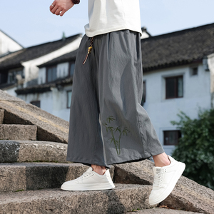 夏薄竹叶刺绣阔腿裤男冰丝灯笼裤宽松九分哈伦裤风 M163 P45图片