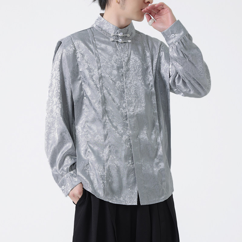 新中式潮风缎面立领盘扣休闲长袖衬衫男女衬衣上衣C525P65,男装衬衫,钱塘788(原4013)