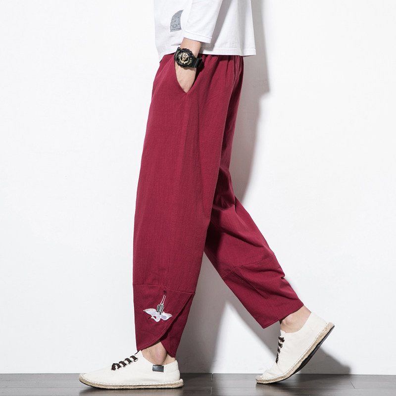 春夏风新中式潮刺绣薄休闲裤哈伦裤阔腿裤九分裤男士M77P55，男装休闲裤，钱塘788(原4013)