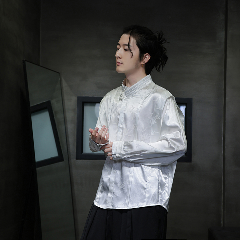 新中式潮风立领竹叶缎面盘扣休闲衬衫男女衬衣上衣C526P75，男装衬衫，钱塘788(原4013)