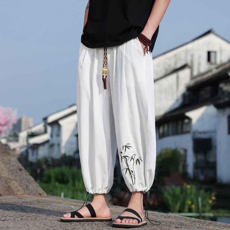 夏装薄竹子刺绣阔腿裤男冰丝大码宽松九分哈伦裤风 M163 P45图片