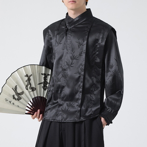 秋季新中式潮风立领竹叶缎面盘扣休闲衬衫男装衬衣 C526 P75图片