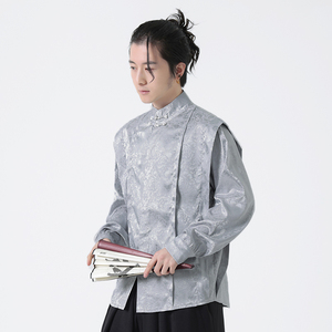 秋新中式风缎面立领盘扣休闲长袖衬衫男女衬衣上衣 C525 P65图片