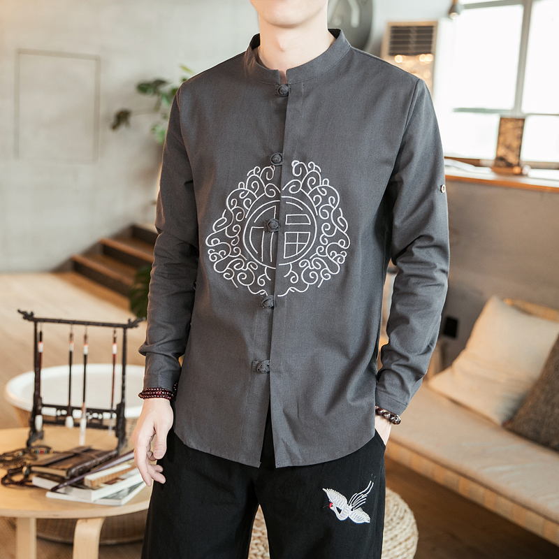 风秋棉麻料休闲盘扣复古刺绣中式长袖衬衫衬衣男士CS506P55，男装衬衫，钱塘788(原4013)