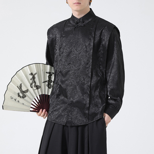 新中式潮风缎面立领盘扣休闲长袖衬衫男女衬衣上衣 C525 P65图片