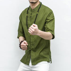 风 夏宽松盘扣亚麻衬衫短袖男半袖衬衣棉麻料新中式 M112 P50图片