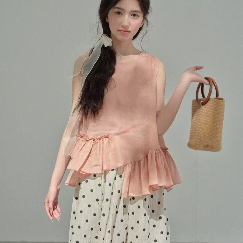2026夏新款不规则荷叶边拼接无袖衬衫女上衣夏季透气