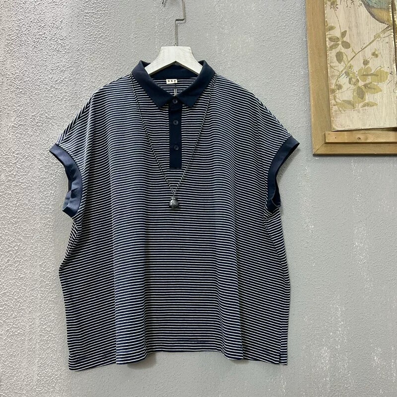包肩袖条纹上衣女纯棉夏季新款宽松大码日系简约百搭无袖polo衫女