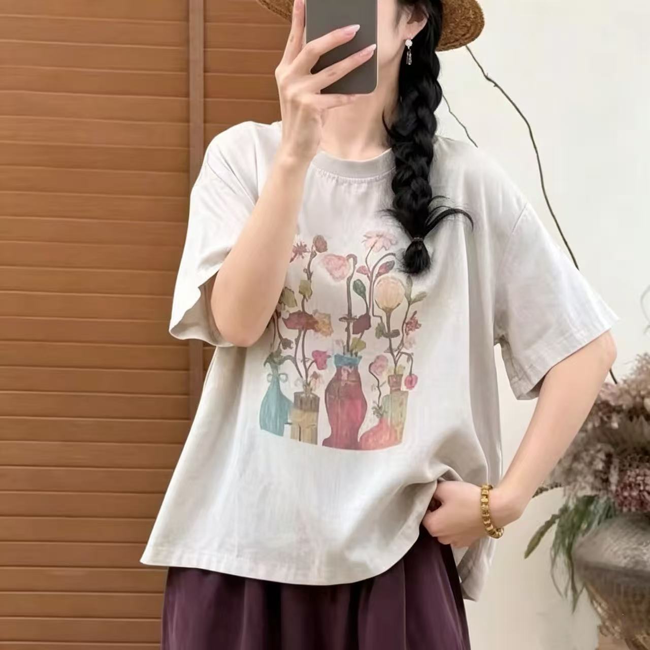 2026夏季新款数码印花棉麻套头T恤短袖上衣女妈妈装