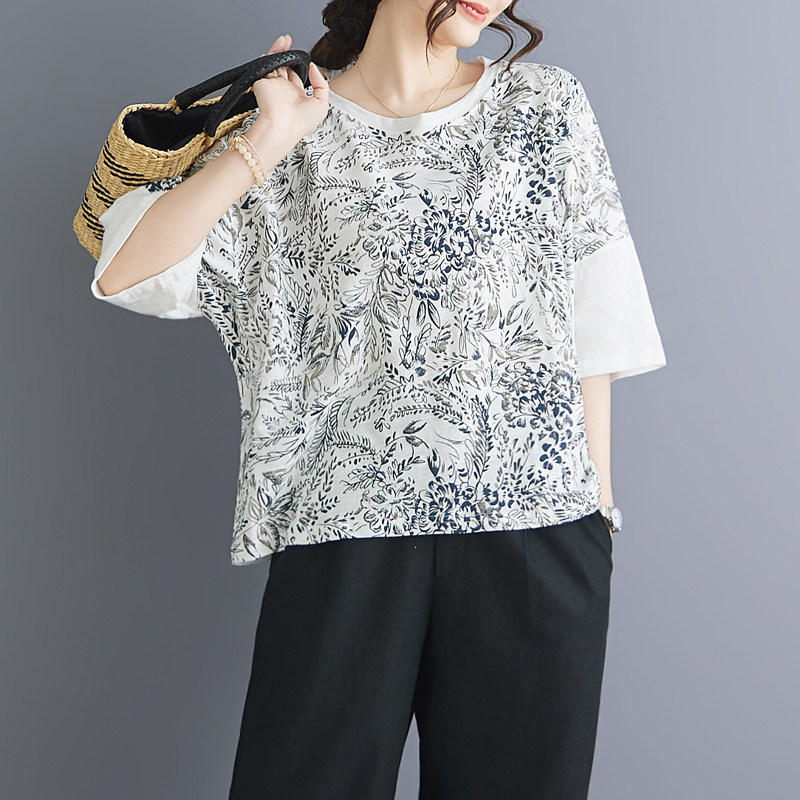 实拍韩版文艺纯棉五分袖T恤女竹节棉夏季宽松显瘦休闲百搭上衣女