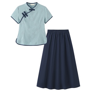 夏季班服新中式国风短袖上衣套装学生合唱舞台演出服