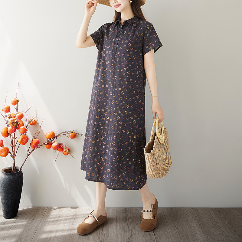 简约老钱风亚麻连衣裙女宽松大码女装2026夏季新款原创棉麻A字裙
