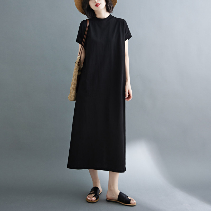 实拍纯棉文艺女装半高领连衣裙夏季显瘦后开衩设计感小黑裙