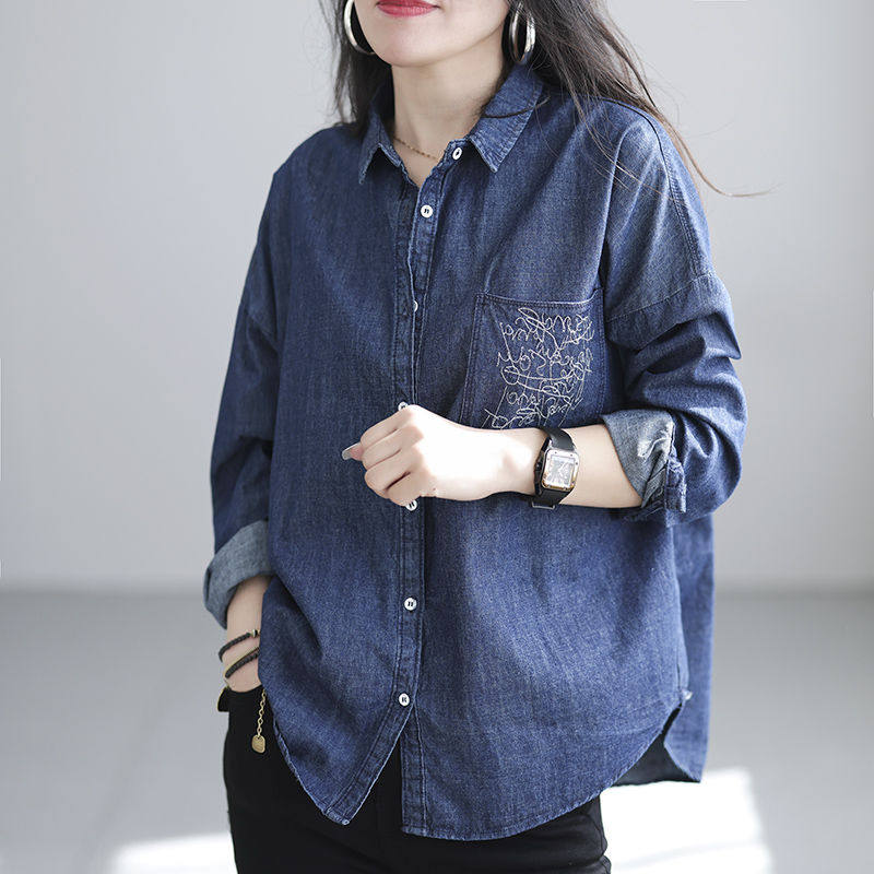 长袖牛仔衬衫女士2026春装复古设计感POLO领宽松大码别致衬衣