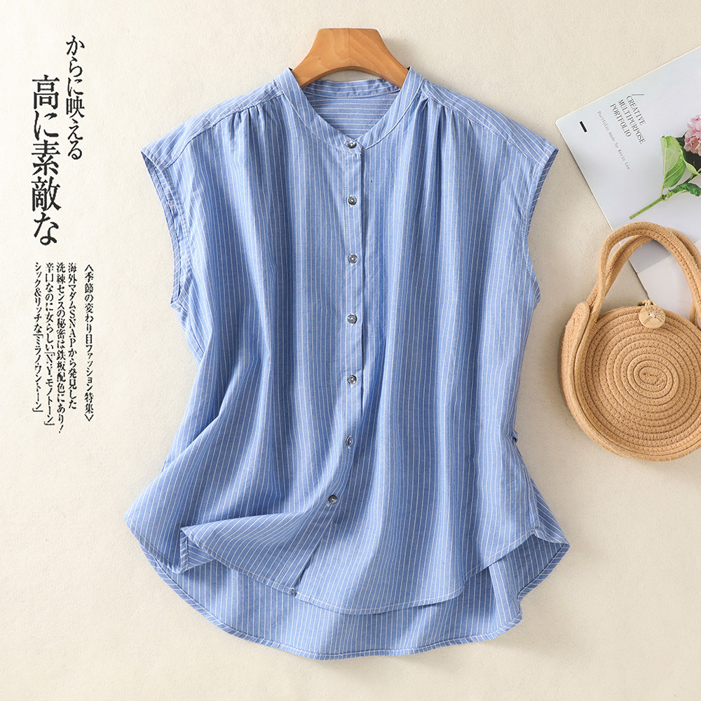 实拍蓝条纹后系带飞飞袖衬衫女夏季新款宽松上衣