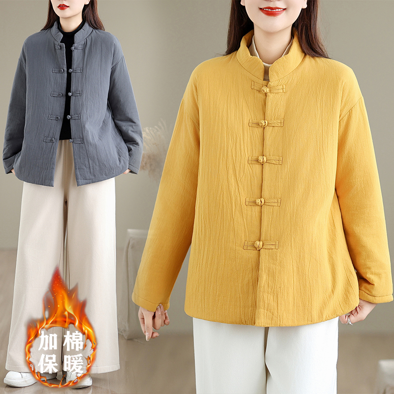 棉麻夹棉加厚棉袄女冬季宽松唐装盘扣民族风棉服禅意茶服复古棉衣