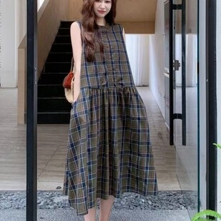 法式高级感复古无袖格子背心连衣裙女2026新款夏季小个子宽松长裙