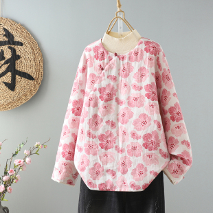 外套 棉麻印花减龄古风棉衣冬复古圆领斜襟盘扣夹棉短款 实拍 中式