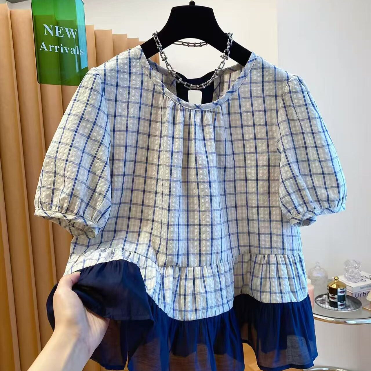 韩系格子衬衫女短袖2026新款宽松甜美减龄泡泡袖拼接荷叶边上衣夏