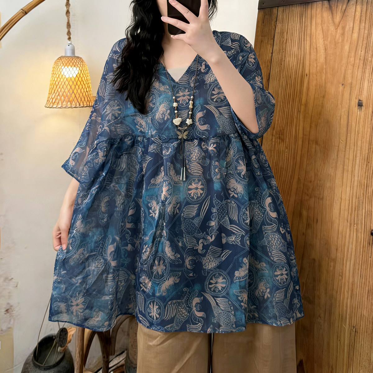 2026新款遮肚娃娃衫雪纺衬衫女夏季大码胖mm法式绝美上衣