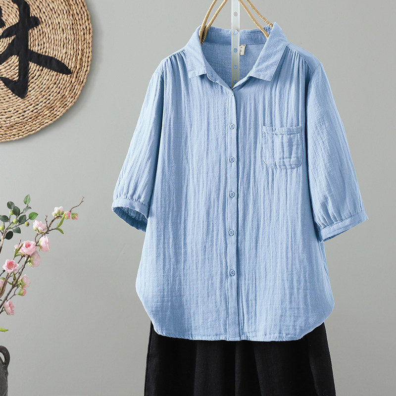 实拍夏季薄款方领双层棉纱短袖衬衫女五分袖上衣宽松休闲纯色衬衣