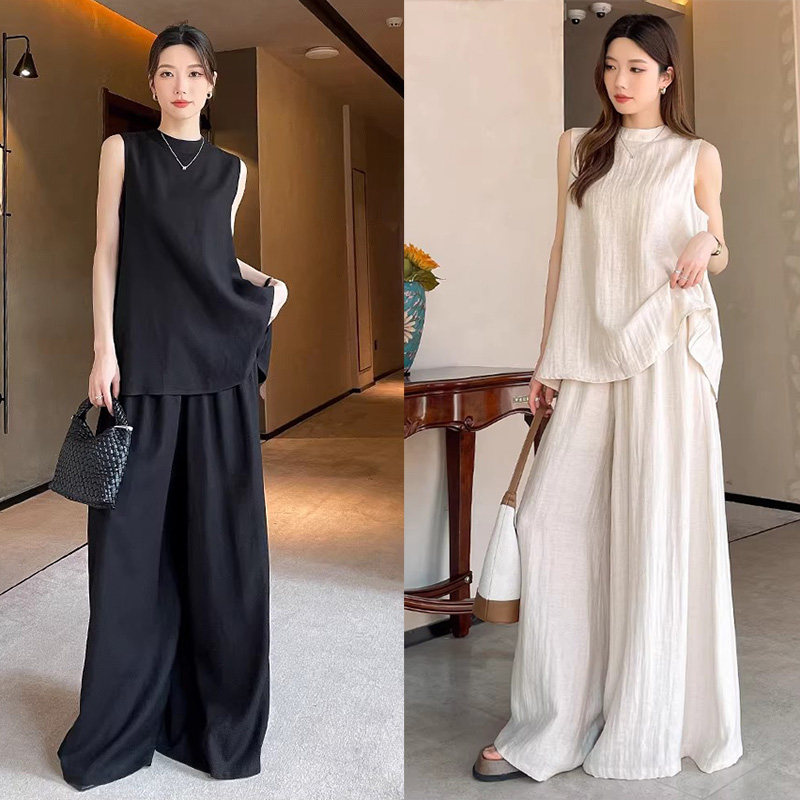 亚麻休闲时尚宽松套装女2026春秋新款无袖背心阔腿裤遮肚藏肉两件