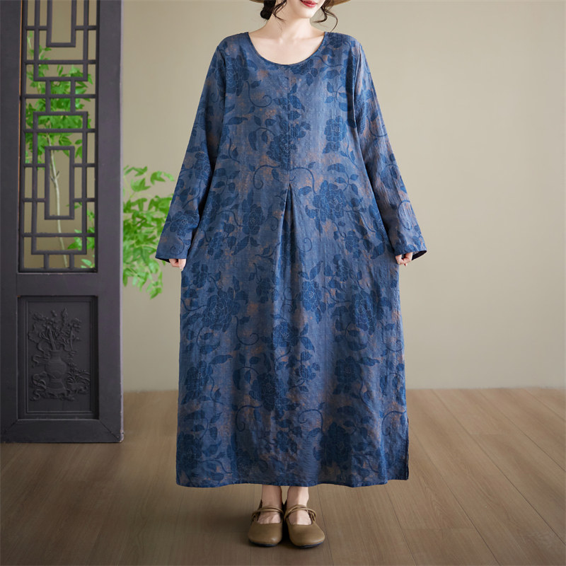 实拍 新款印花长袖连衣裙圆领大码女装外单长款连衣裙