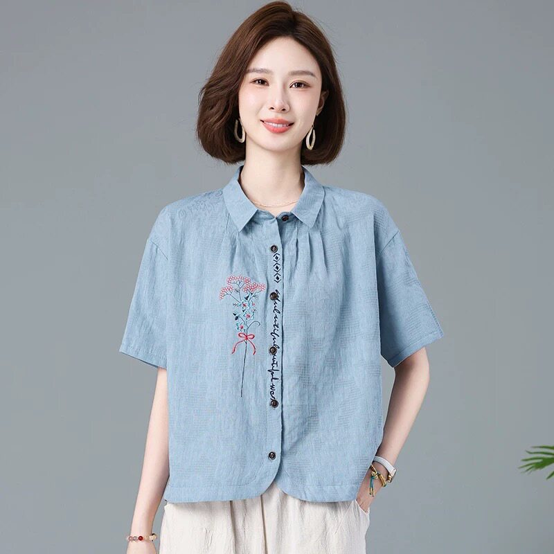 全棉短袖衬衫女夏装纯棉提花衬衣上衣纯色绣花刺绣短款T恤