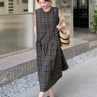 法式高级感复古无袖格子背心连衣裙女2026新款夏季小个子宽松长裙