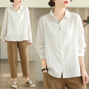实拍2026新款棉麻大码文艺宽松休闲时尚绣花长袖衬衣女