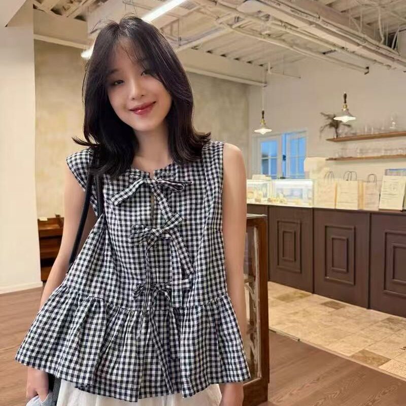 法式复古少女感蝴蝶结黑白格子俏皮荷叶边娃娃衬衫