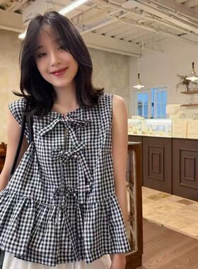 法式复古少女感蝴蝶结黑白格子俏皮荷叶边娃娃衬衫