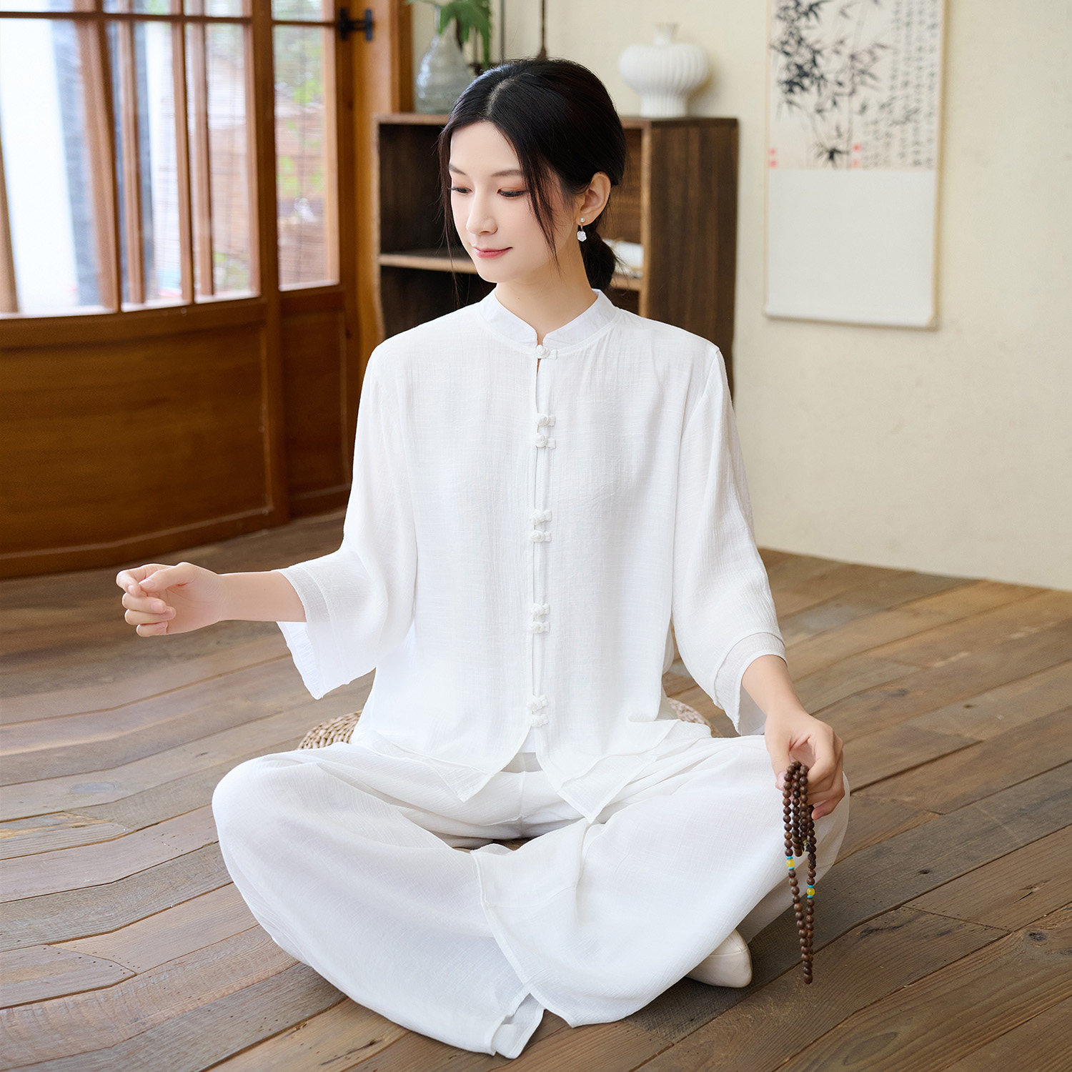 实拍2026民族风新款棉麻禅服套装立领中袖上衣松紧腰长裤套