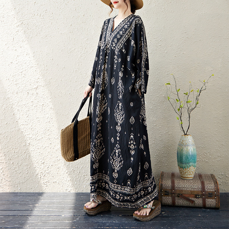 实拍大码原创法式高级感长袖防晒V领垂感定位花宽松显瘦连衣裙女