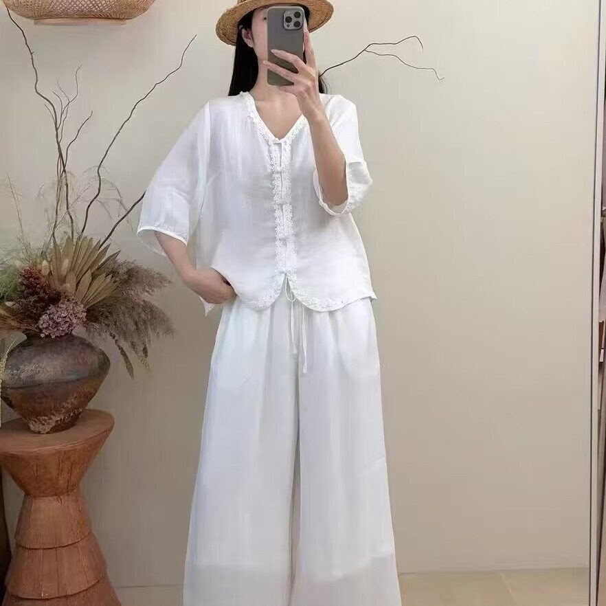 2026春夏新款套装女显瘦百搭五分袖衬衫松紧腰阔腿裤两件套女