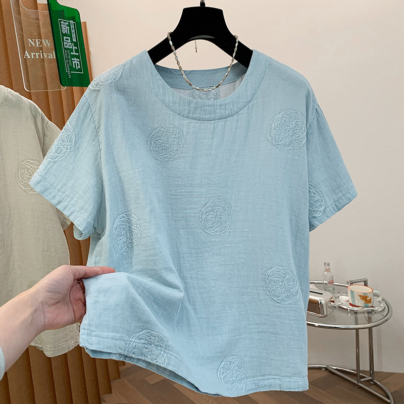 实拍已出货 复古文艺刺绣短袖T恤女夏季衬衫圆领双层棉纱柔软上衣