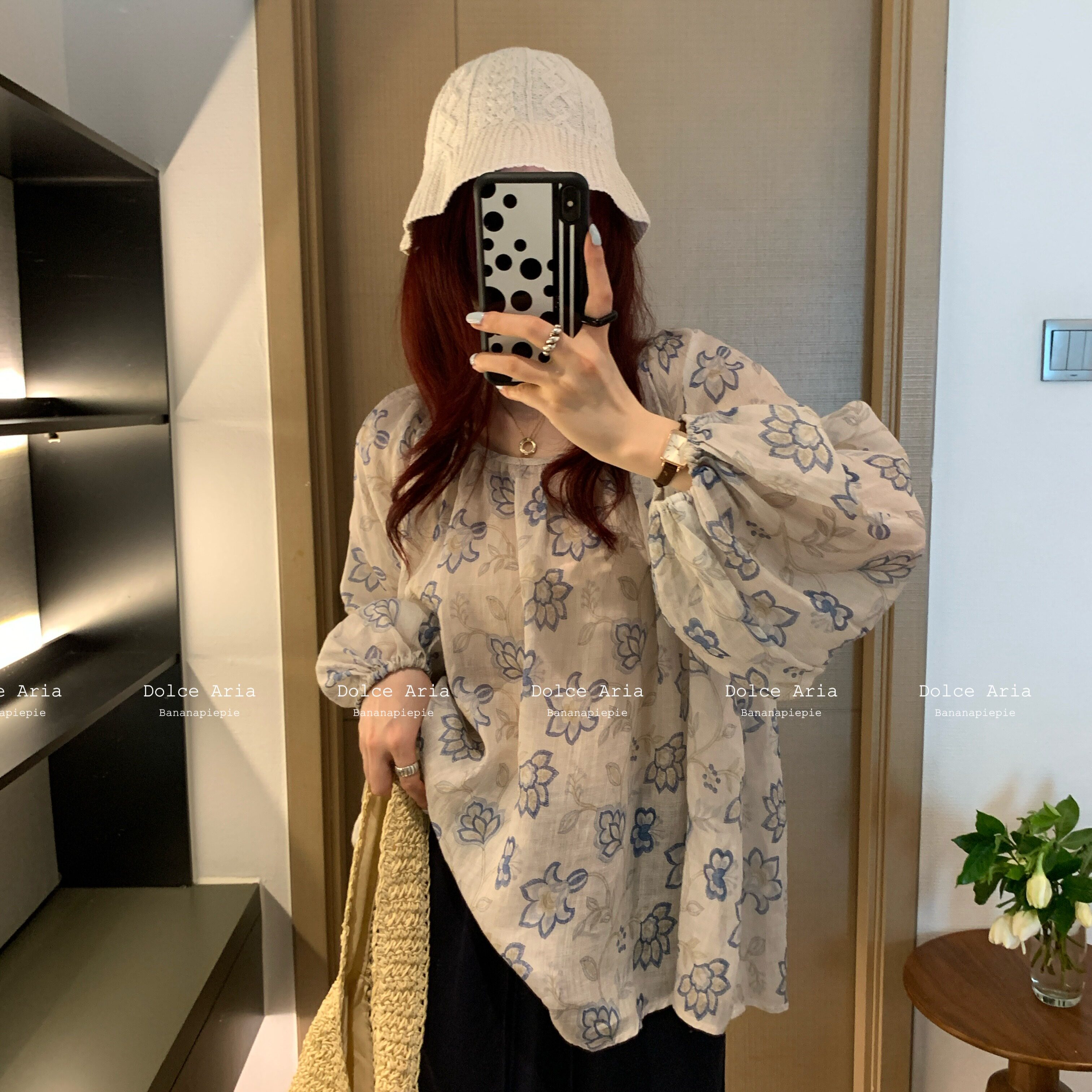 棉麻蓝调碎花娃娃衫女泡泡袖抽绳衬衫宽松薄款上衣