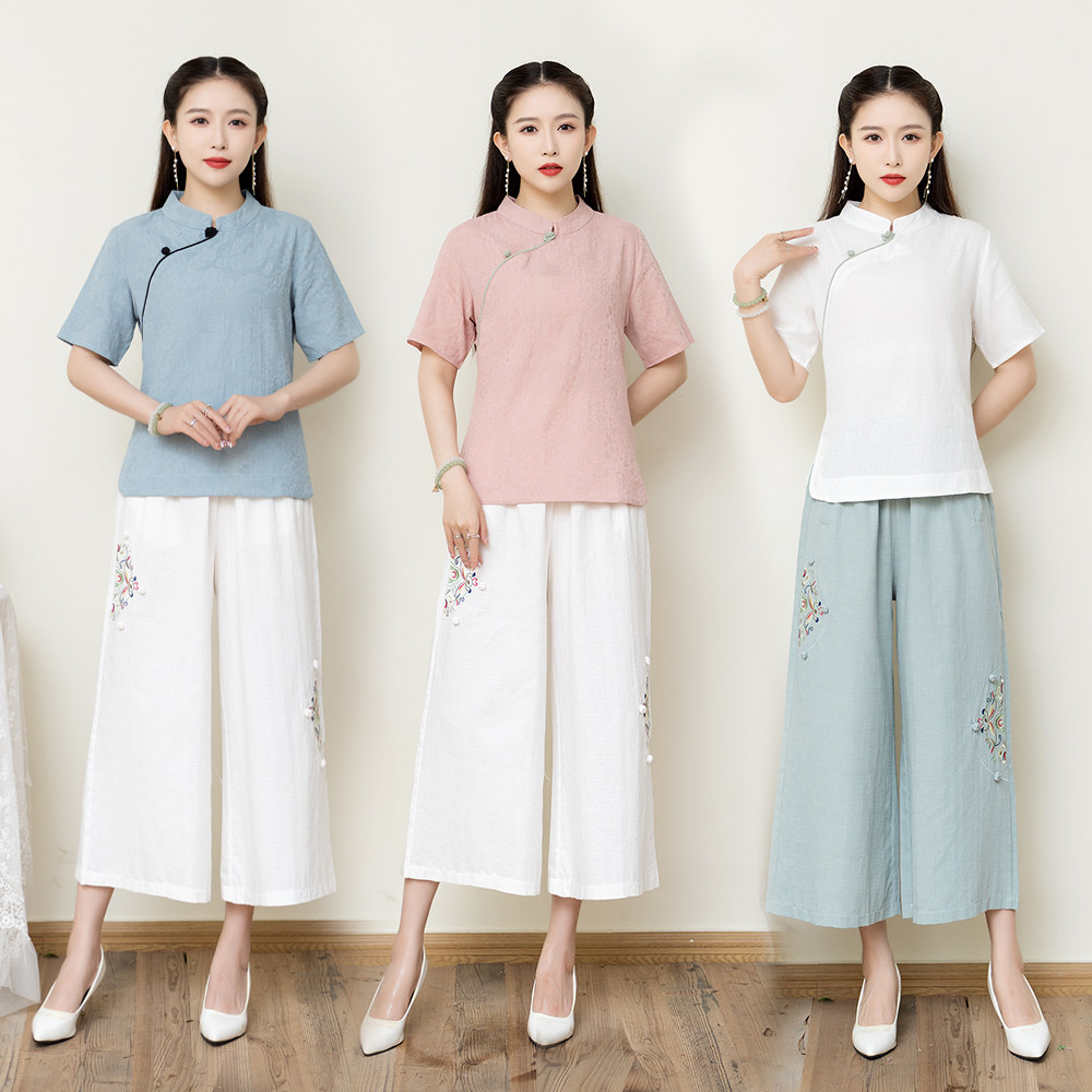 民族风复古盘扣立领棉麻短袖衬衫文艺上衣女夏禅茶服套装