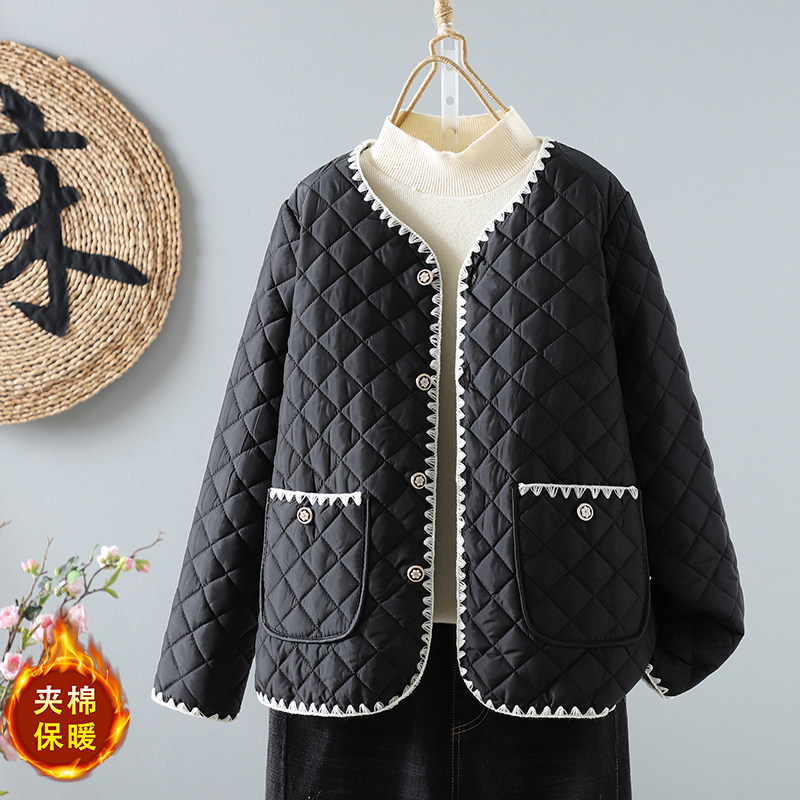 实拍温柔菱格长袖棉服百搭洋气短款撞色棉衣女