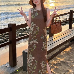 实拍高级感气质无袖时尚休闲连衣裙女2026夏季宽松显瘦印花背心裙