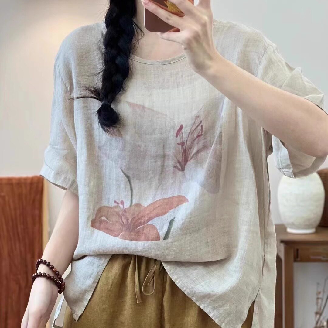 复古印花棉麻上衣女宽松圆领短袖套头衫休闲百搭T恤