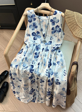 复古碎花棉质背心裙女夏季文艺印花高腰大摆裙显瘦连衣裙