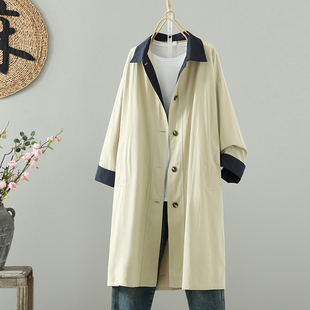 实拍 大码女装日系休闲中长款风衣翻领宽松显瘦拼接外套秋