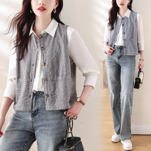 马夹 宽松显瘦条纹无袖 实拍2025秋新款 文艺棉麻大码