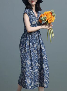 夏天连袖设计抽绳女装过膝连衣裙蓝色印花复古V领裙子