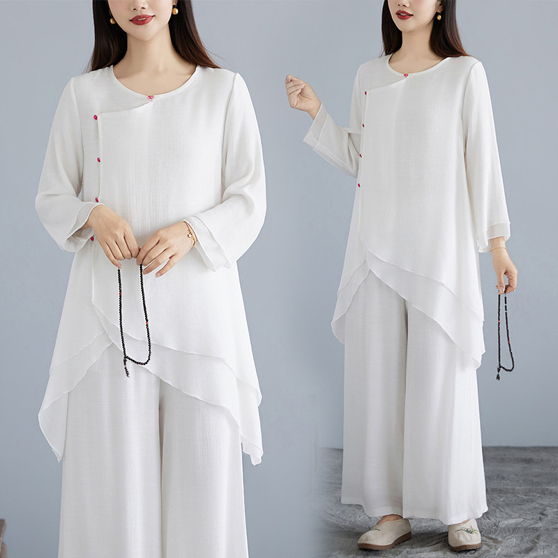实拍瑜伽服套装2026夏季新款文艺范纯色亚麻上衣阔腿茶服两件套女