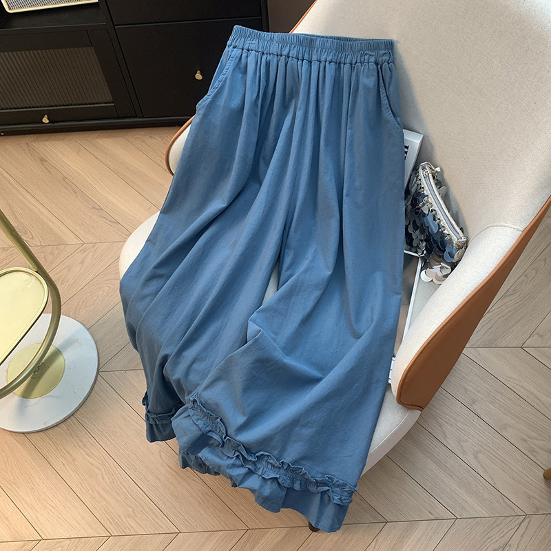 木耳花边棉麻阔腿裤女2026春文艺高腰宽松荷叶边裙裤九分裤