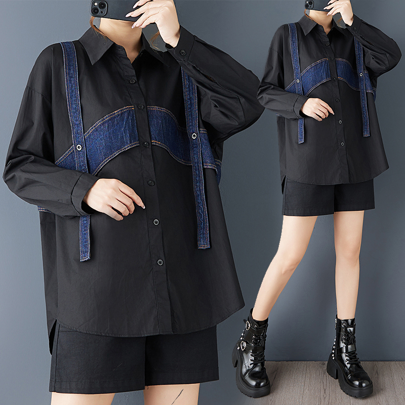 实拍春秋新款宽松设计感拼接牛仔长袖上衣时尚显瘦百搭洋气衬衫