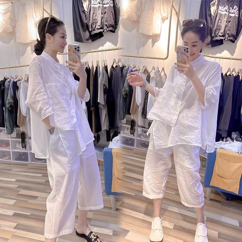 防晒衫短裤套装女夏欧货洋气不规则衬衫阔腿裤两件套